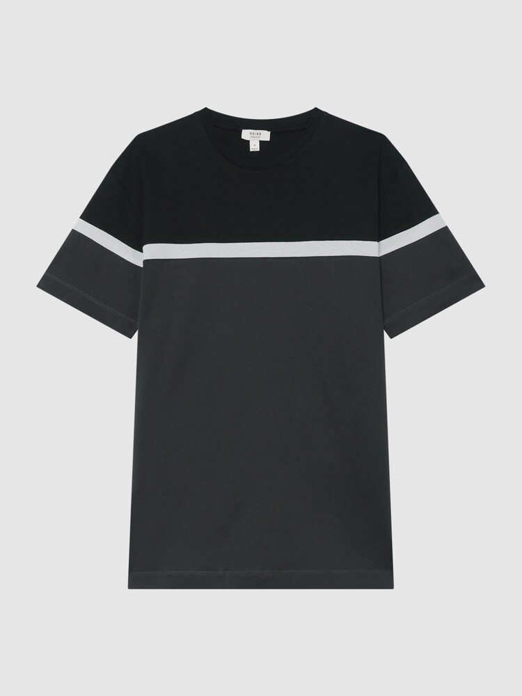 Reiss Black/Charcoal Max Mercerised Cotton Colourblock T-Shirt - Image 2 of 6