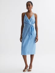 Reiss Blue Esme Linen Side Tie Midi Dress - Image 3 of 7