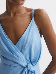 Reiss Blue Esme Linen Side Tie Midi Dress - Image 4 of 7