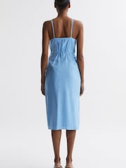 Reiss Blue Esme Linen Side Tie Midi Dress - Image 5 of 7