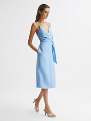 Reiss Blue Esme Linen Side Tie Midi Dress - Image 6 of 7
