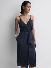 Reiss Navy Esme Linen Side Tie Midi Dress - Image 1 of 6
