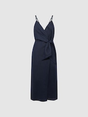 Reiss Navy Esme Linen Side Tie Midi Dress - Image 2 of 6