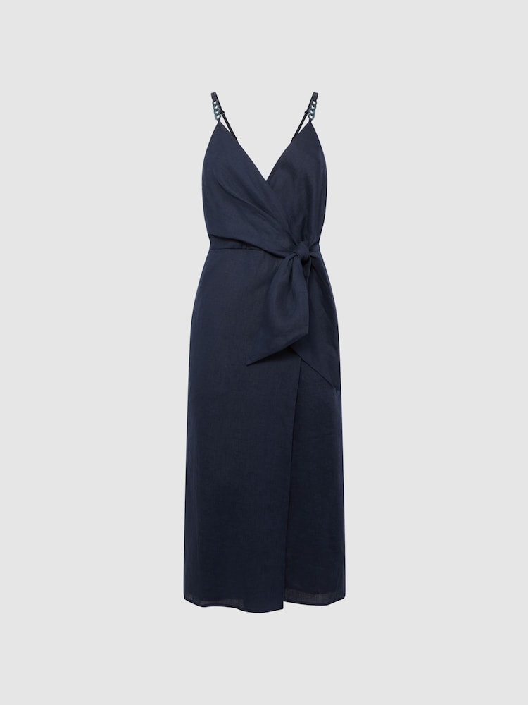 Reiss Navy Esme Linen Side Tie Midi Dress - Image 2 of 6