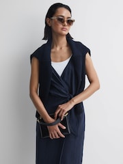 Reiss Navy Esme Linen Side Tie Midi Dress - Image 4 of 6