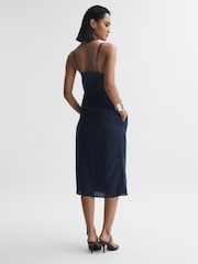 Reiss Navy Esme Linen Side Tie Midi Dress - Image 5 of 6