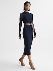 Reiss Navy Lilibet Knitted Bodycon Midi Dress - Image 1 of 8