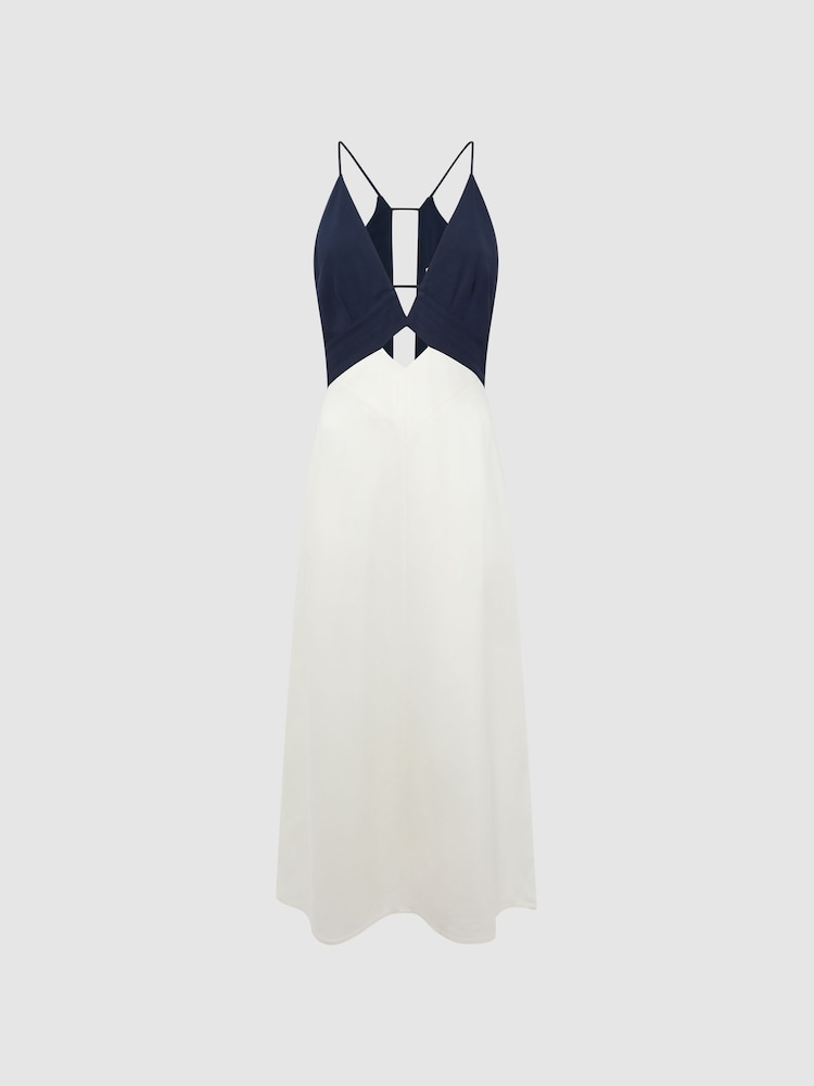 Reiss Navy/White Ella Colourblock Strappy Midi Dress - Image 2 of 7