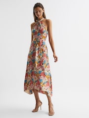 Reiss Pink/Neutral Electra Floral Printed Halter Neck Midi Dress - Image 1 of 6