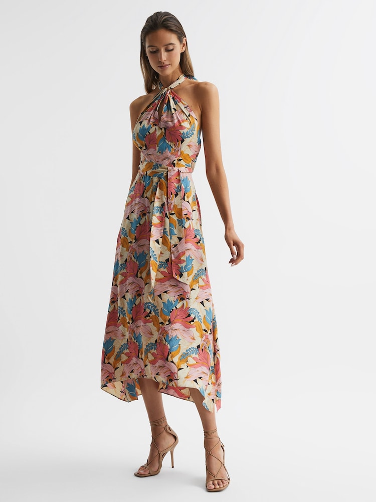 Reiss Pink/Neutral Electra Floral Printed Halter Neck Midi Dress - Image 1 of 6