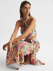 Reiss Pink/Neutral Electra Floral Printed Halter Neck Midi Dress - Image 10 of 12
