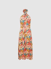 Reiss Pink/Neutral Electra Floral Printed Halter Neck Midi Dress - Image 2 of 6