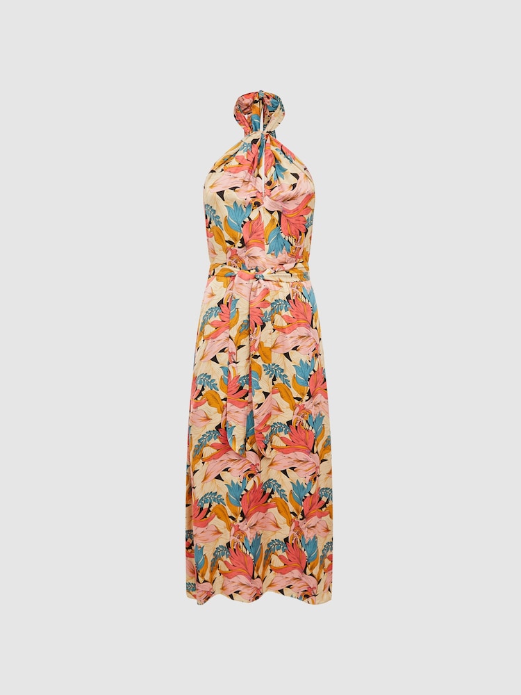 Reiss Pink/Neutral Electra Floral Printed Halter Neck Midi Dress - Image 2 of 6