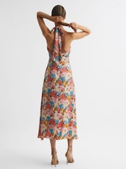Reiss Pink/Neutral Electra Floral Printed Halter Neck Midi Dress - Image 5 of 6