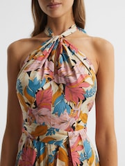 Reiss Pink/Neutral Electra Floral Printed Halter Neck Midi Dress - Image 8 of 12