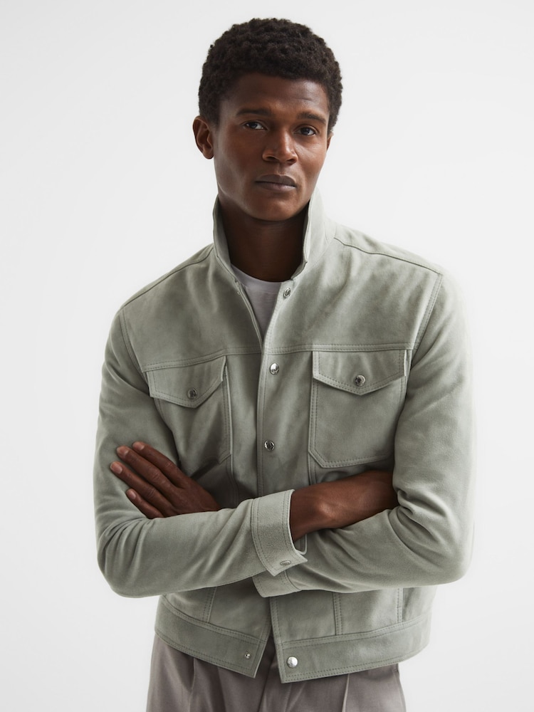 Reiss Sage Noa Suede Button-Through Trucker Jacket - Image 1 of 6