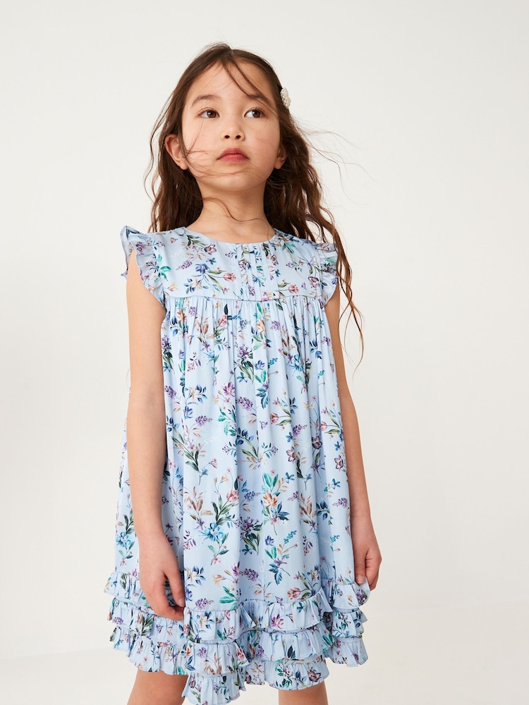 Blue Floral Ruffle Satin Dress (3mths-16yrs) - Image 1 of 6