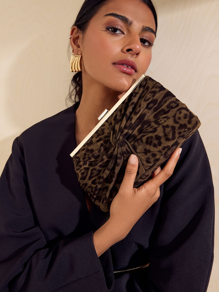 Friends Like These Leopard Print Knotted Detail Clutch Bag - Image 1 of 7