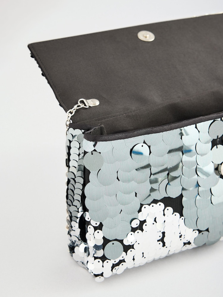 Friends Like These Silver Sequin Foldover Cutch Bag - Image 8 of 8 Friends Like These Silver Sequin Foldover Cutch Bag - Image 8 of 8