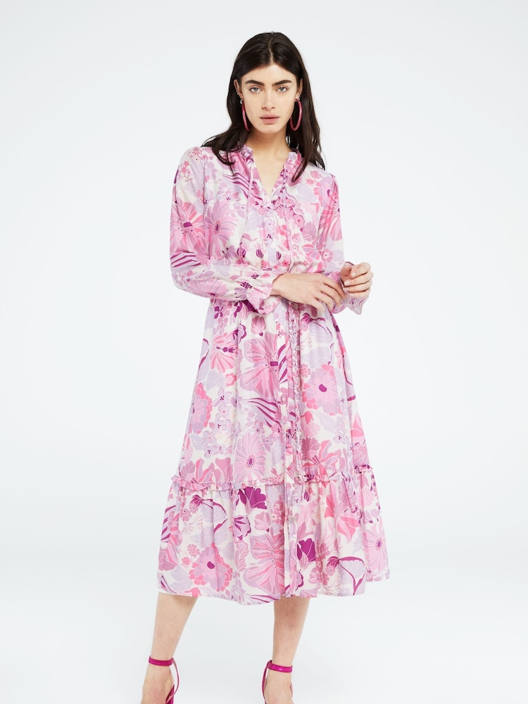 Fabienne Chapot Pink Marilene Floral Print Midi Dress With Linen - Image 1 of 6