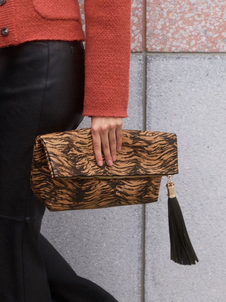Friends Like These Tiger Print Oversized Foldover Tassel Clutch Bag - Image 3 of 3