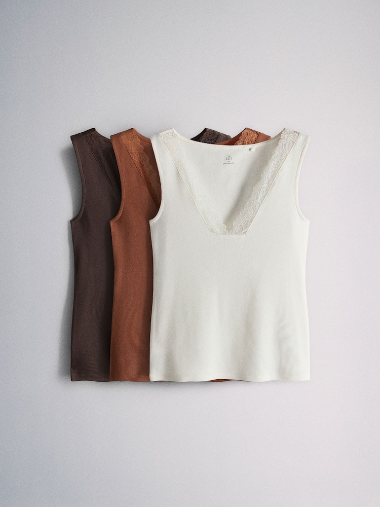 The Set 3 Pack Lace V-Neck Vests Brown/Rust/Cream - Image 2 of 13