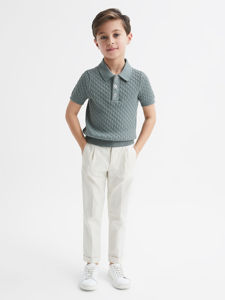 Reiss Dark Sage Eli Senior Press Stud Cable Knit Polo Shirt - Image 1 of 6