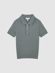 Reiss Dark Sage Eli Senior Press Stud Cable Knit Polo Shirt - Image 2 of 6