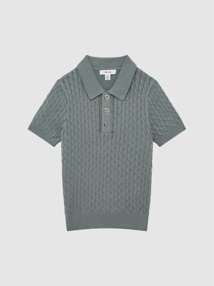 Reiss Dark Sage Eli Senior Press Stud Cable Knit Polo Shirt - Image 2 of 6