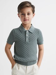 Reiss Dark Sage Eli Senior Press Stud Cable Knit Polo Shirt - Image 3 of 6