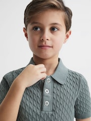 Reiss Dark Sage Eli Senior Press Stud Cable Knit Polo Shirt - Image 4 of 6