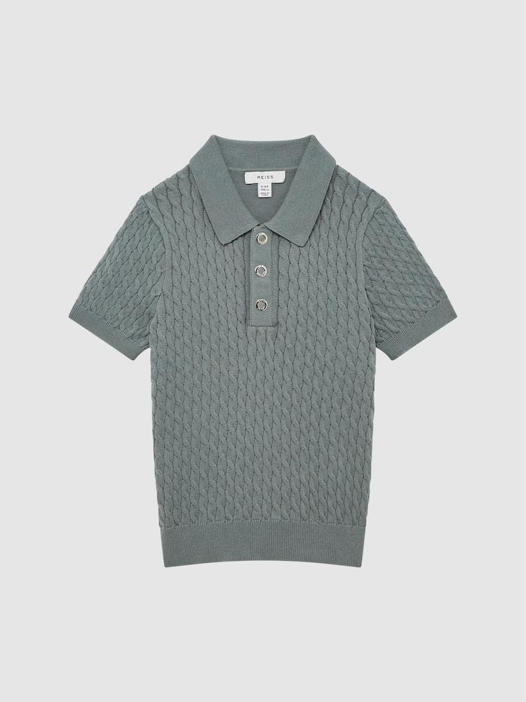 Reiss Dark Sage Eli Junior Press Stud Cable Knit Polo Shirt - Image 2 of 6 Reiss Dark Sage Eli Junior Press Stud Cable Knit Polo Shirt - Image 2 of 6