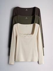 The Set 3 Pack Ribbed Lace Square Neck Tops Khaki Green/Brown/Neutral - Image 1 of 6