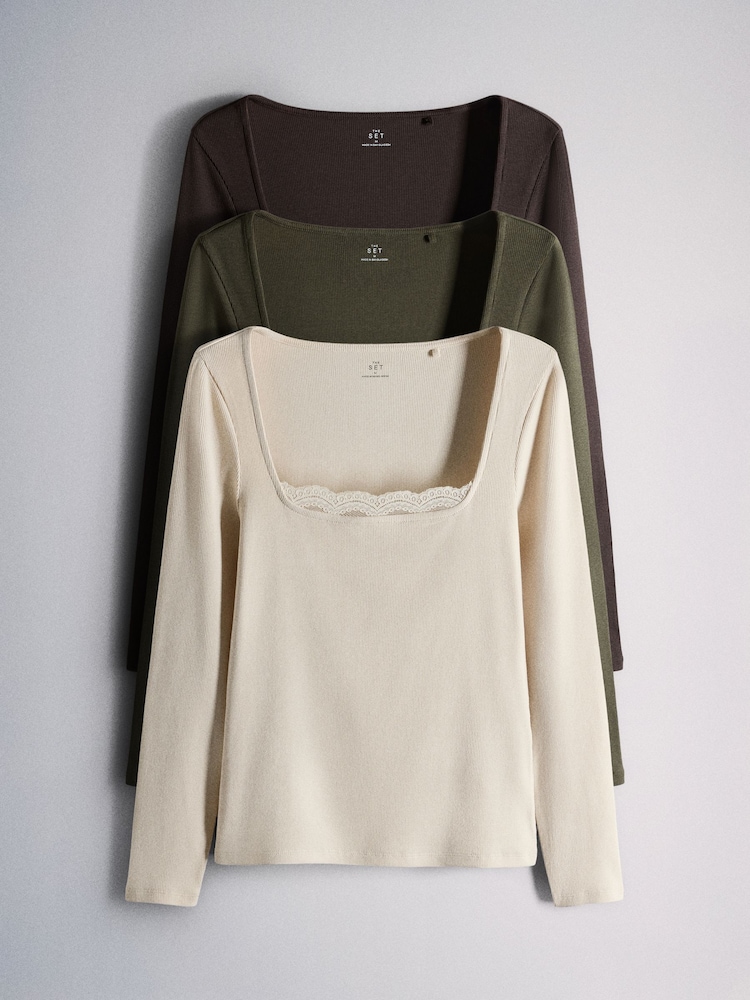 The Set 3 Pack Ribbed Lace Square Neck Tops Khaki Green/Brown/Neutral - Image 1 of 6