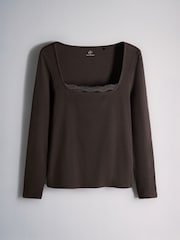 The Set 3 Pack Ribbed Lace Square Neck Tops Khaki Green/Brown/Neutral - Image 2 of 6