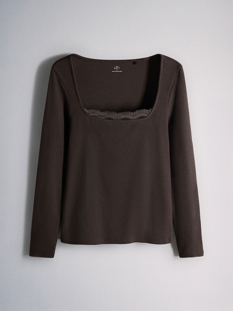 The Set 3 Pack Ribbed Lace Square Neck Tops Khaki Green/Brown/Neutral - Image 2 of 6