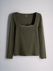 The Set 3 Pack Ribbed Lace Square Neck Tops Khaki Green/Brown/Neutral - Image 3 of 6
