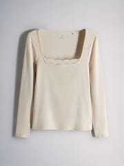 The Set 3 Pack Ribbed Lace Square Neck Tops Khaki Green/Brown/Neutral - Image 4 of 6