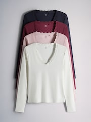 The Set 4 Pack Ribbed V-Neck Scallop Long Sleeve Tops - Bild 1 von 7