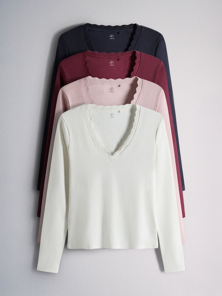 The Set 4 Pack Ribbed V-Neck Scallop Long Sleeve Tops - Bild 1 von 7