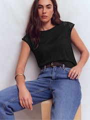 Boden Black Tara Cutwork Linen T-Shirt - Image 1 of 5