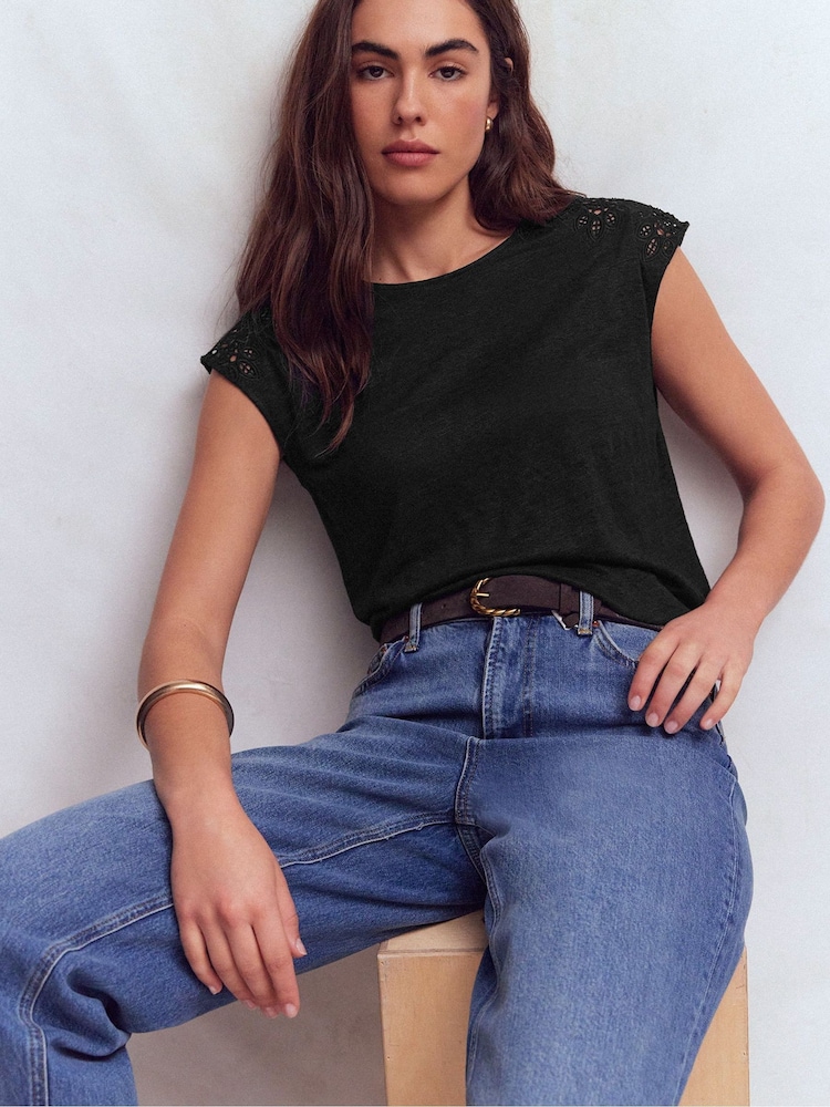 Boden Black Tara Cutwork Linen T-Shirt - Image 1 of 5