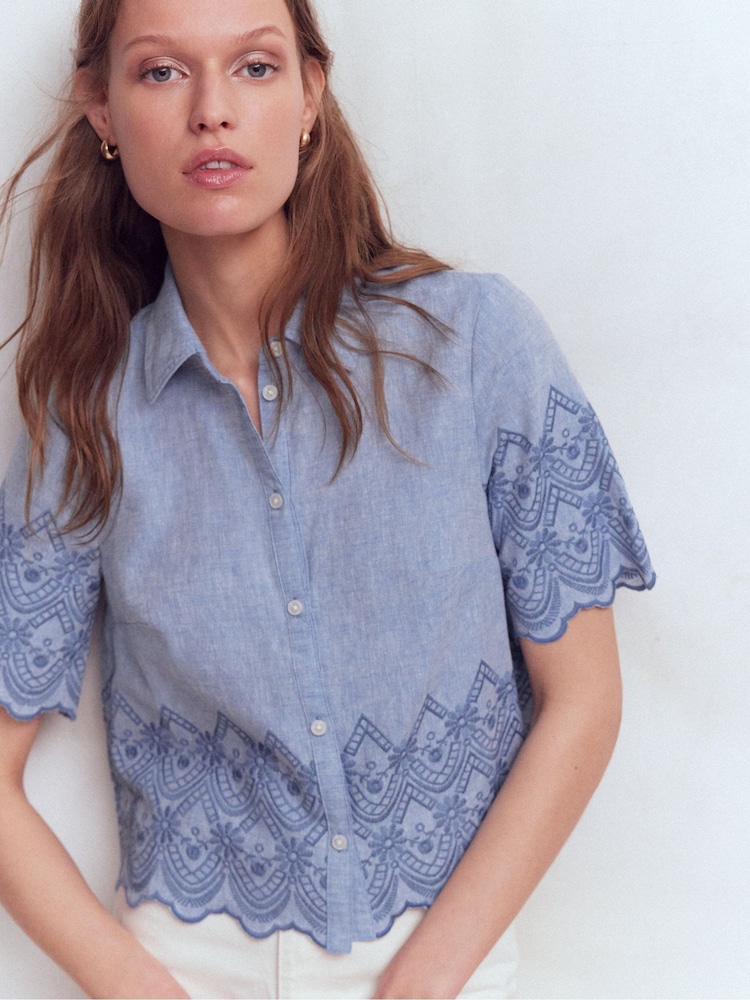 Boden Blue Short Sleeve Broderie Shirt - Image 1 of 5