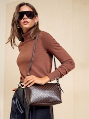 Friends Like These Chocolate Brown Boxy Weave Cross-Body Bag - Image 3 of 8