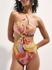 River Island Orange Terry De Havilland Swirl Glitter Plunge Swimsuit - Image 3 of 4