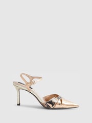 River Island Gold Terry De Havilland Snake Print Cut Out Heeled Court Shoes - Image 2 of 6