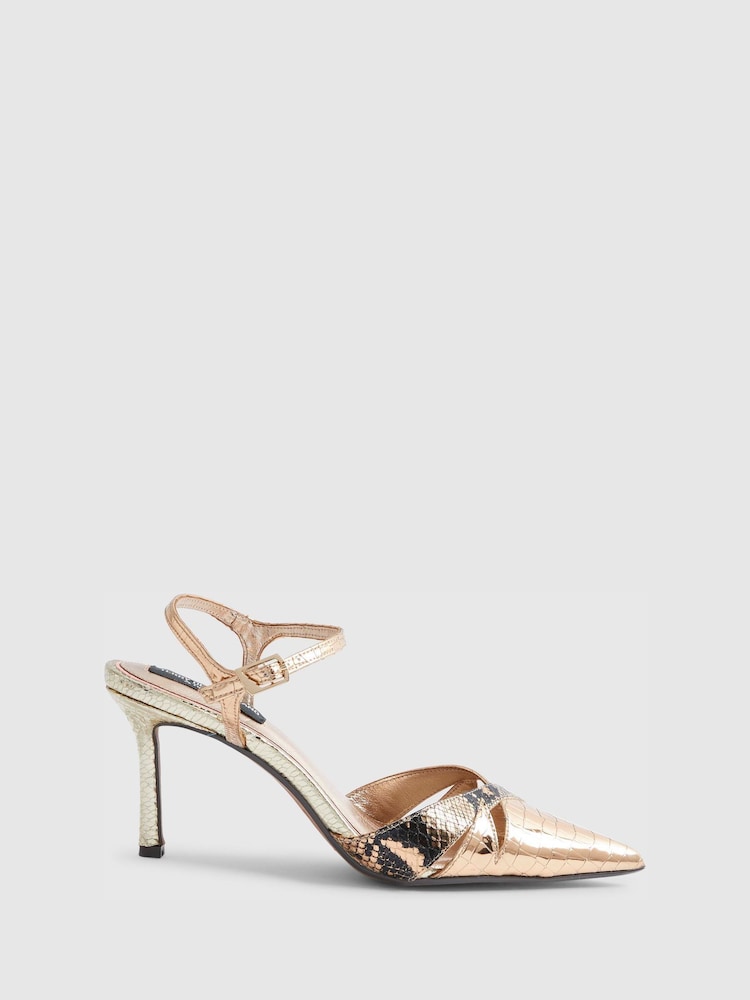 River Island Gold Terry De Havilland Snake Print Cut Out Heeled Court Shoes - Image 2 of 6