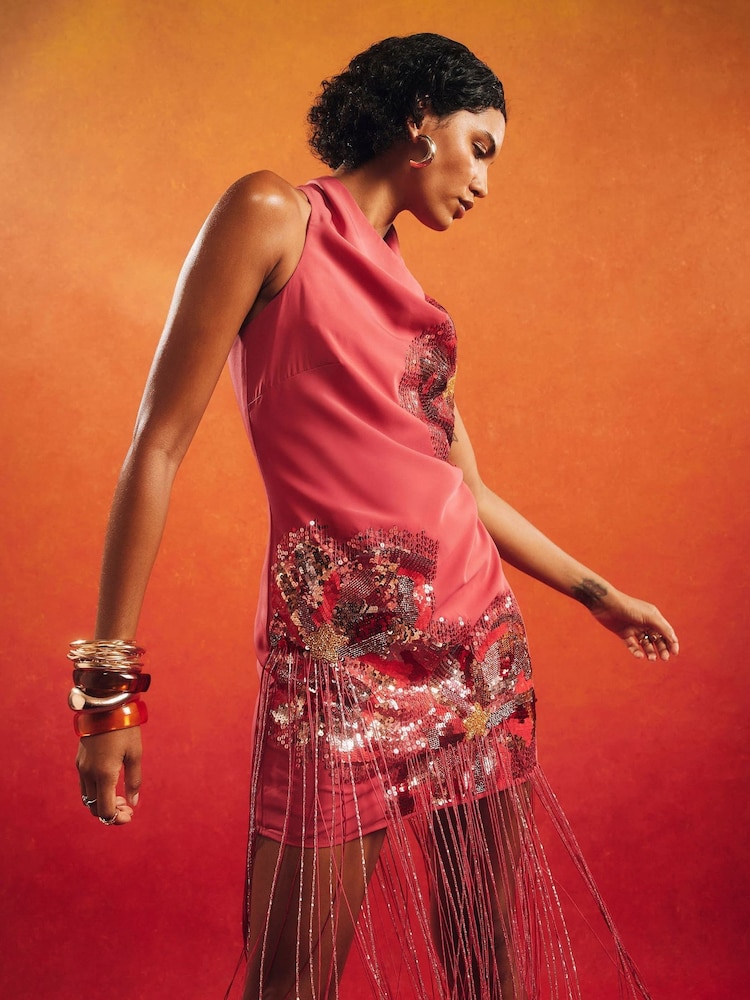 River Island Orange Terry De Havilland Sequin Embellished Tassel Mini Dress - Image 2 of 4