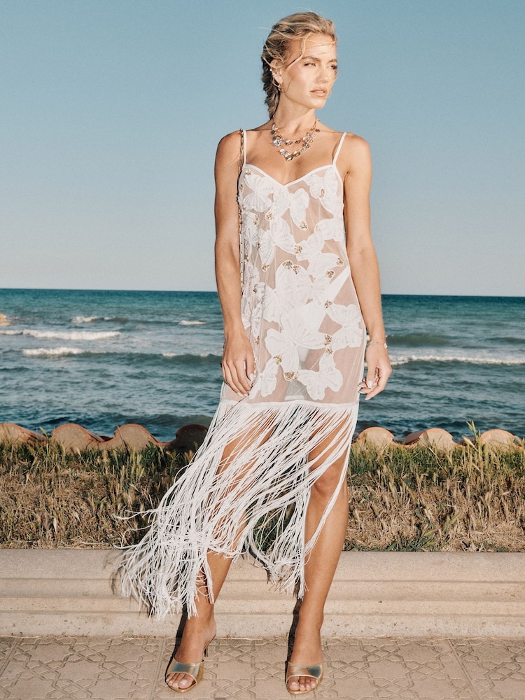 river island white beaded dress Buy River Island Cream Molly Smith Embroidered Butterfly Tassel Maxi Dress  from Next USA