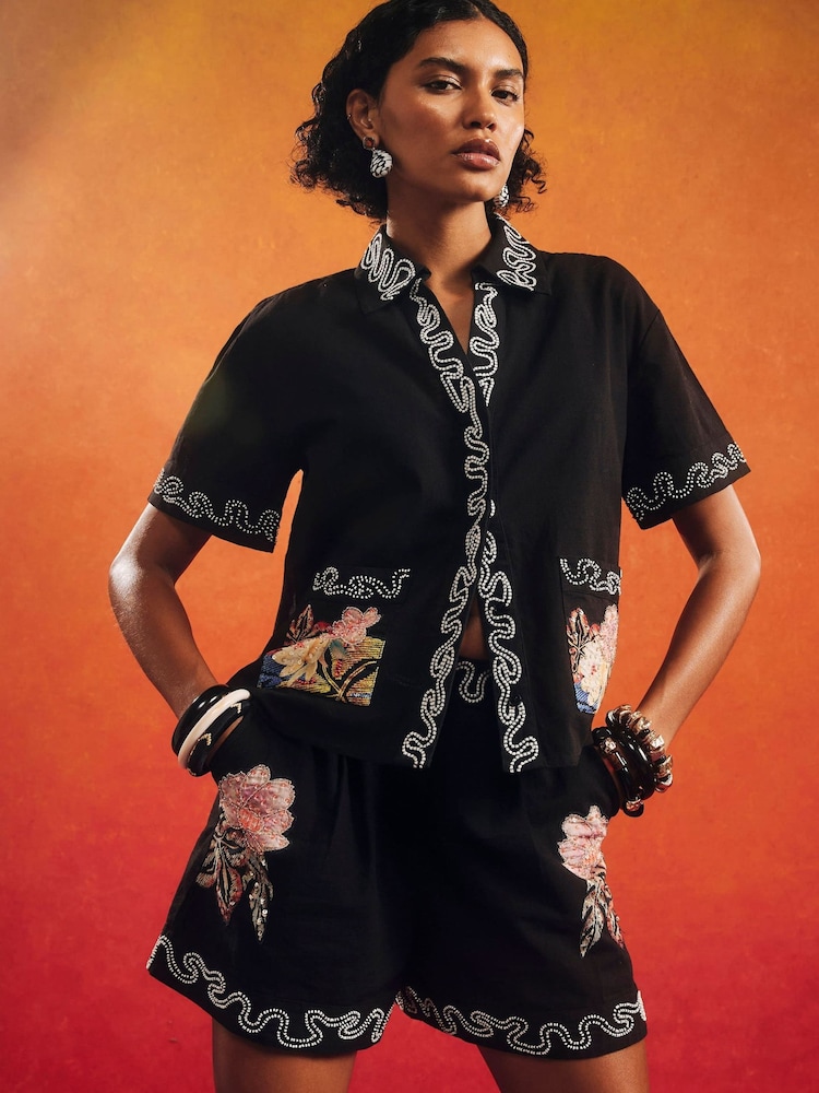 River Island Black Terry De Havilland Short Sleeve Beaded Floral Shirt - Image 2 of 4
